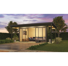 Abri de jardin moderne avec portes coulissantes et terrasse en bois dans une ambiance claire et conviviale