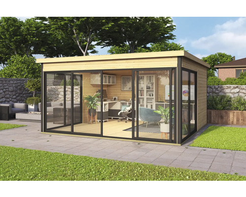 Abri de jardin Outdoor Life Domeo 5 avec sol 437,6 x 437,6 cm naturel-anthracite Pavillon de jardin moderne avec façade en verre et mobilier de bureau à l'extérieur.