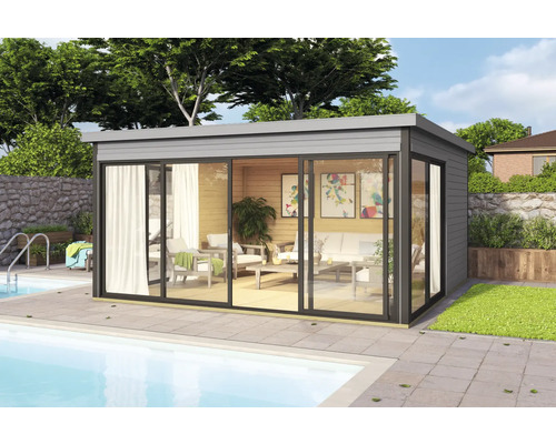 Abri de jardin Outdoor Life Domeo 5 avec sol 437,6 x 437,6 cm gris clair-anthracite Gloriette de jardin moderne avec portes coulissantes en verre à côté d'une piscine