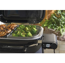 Barbecue avec poulet et brocoli sur un plateau en acier inoxydable