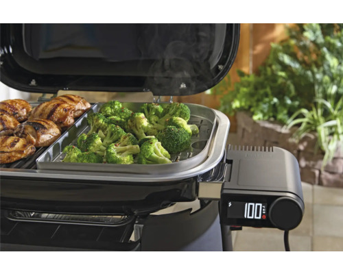 Barbecue avec poulet et brocoli sur un plateau en acier inoxydable