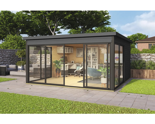 Abri de jardin Outdoor Life Domeo 5 avec sol 437,6 x 437,6 cm gris carbone-anthracite Pavillon de jardin moderne avec de grandes façades en verre et un mobilier de bureau à l'extérieur.