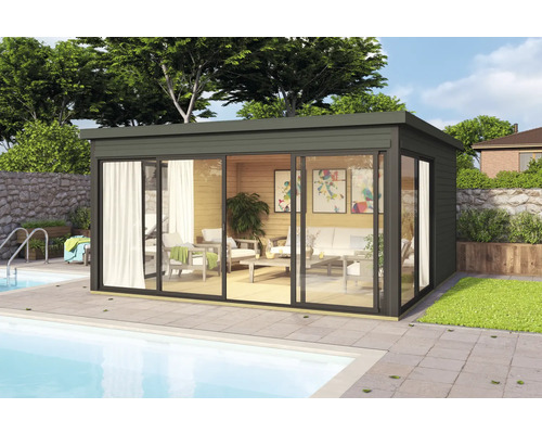 Abri de jardin Outdoor Life Domeo 5 avec sol 437,6 x 437,6 cm gris-vert anthracite Pavillon de jardin moderne avec portes coulissantes et vue sur la piscine