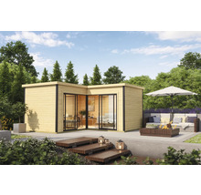 Maison de jardin moderne avec terrasse et coin salon sous un parasol