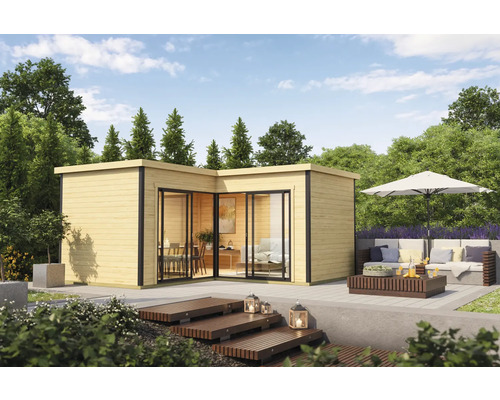 Maison de jardin moderne avec terrasse et coin salon sous un parasol