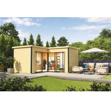 Abri de jardin moderne avec équipement de bureau et coin salon extérieur