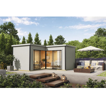 Pavillon de jardin avec terrasse et coin salon extérieur.