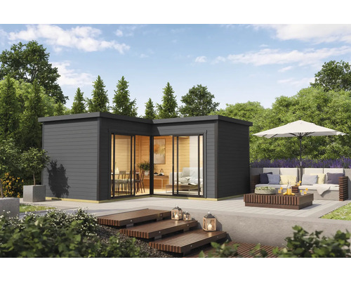 Abri de jardin Outdoor Life Domeo 6 avec sol 519,6 x 519,6 cm gris carbone-anthracite Maison de jardin moderne avec terrasse et coin salon extérieur.