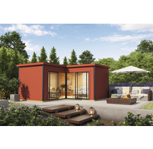 Abri de jardin moderne avec terrasse et salon de jardin extérieur.