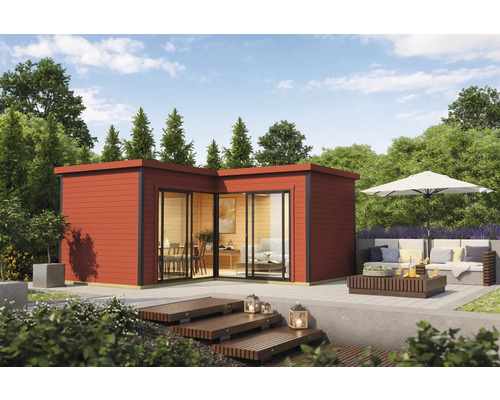 Abri de jardin Outdoor Life Domeo 6 avec sol 519,6 x 519,6 cm rouge suédois-anthracite Abri de jardin moderne avec terrasse et salon de jardin extérieur.