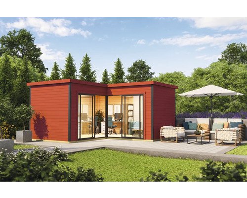 Bureau de jardin moderne avec terrasse et mobilier de bureau extérieur.