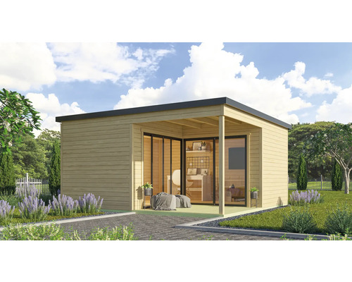 Abri de jardin Outdoor Life Domeo 6 Loggia avec sol 519,6 x 519,6 cm naturel-anthracite Abri de jardin moderne avec terrasse et portes coulissantes dans le jardin