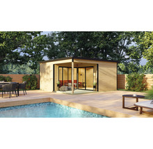 Maison de jardin en bois avec terrasse et piscine dans le jardin