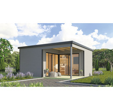 Maison de jardin moderne avec façade en verre et terrasse couverte dans le jardin