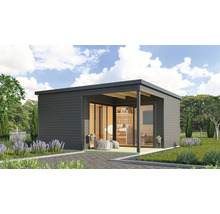 Pavillon de jardin moderne avec terrasse et grandes façades vitrées, entouré de verdure