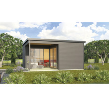 Pavillon de jardin moderne avec façade en verre et terrasse dans le jardin.