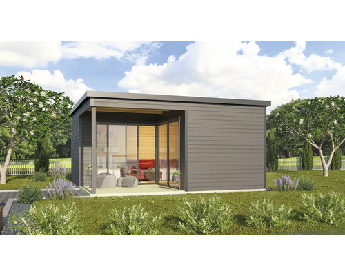 Pavillon de jardin moderne avec façade en verre et terrasse dans le jardin.