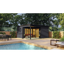 Jardin avec piscine, terrasse et pavillon de jardin moderne avec façade en verre