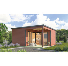 Abri de jardin moderne avec toit plat, terrasse et portes coulissantes