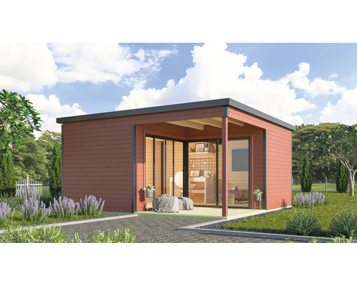 Abri de jardin Outdoor Life Domeo 6 Loggia avec sol 519,6 x 519,6 cm rouge suédois-anthracite Abri de jardin moderne avec toit plat, terrasse et portes coulissantes