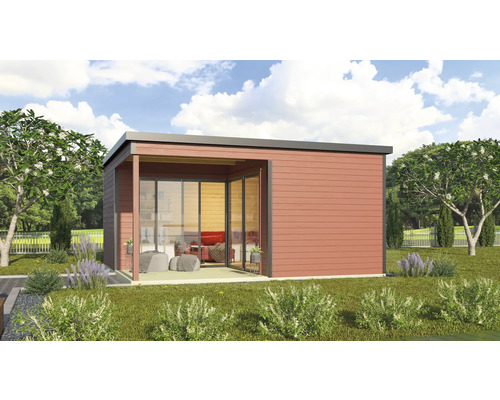 Maison de jardin moderne avec façade en bois et grande façade vitrée dans le jardin.