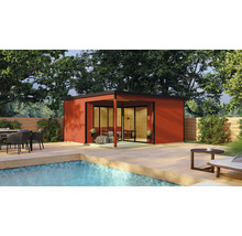 Maison de jardin moderne avec terrasse et piscine dans le jardin.