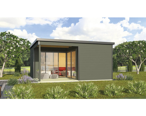 Abri de jardin Outdoor Life Domeo 6 Loggia avec sol 519,6 x 519,6 cm gris-vert anthracite Abri de jardin moderne avec façade en verre et toit plat dans un jardin soigné