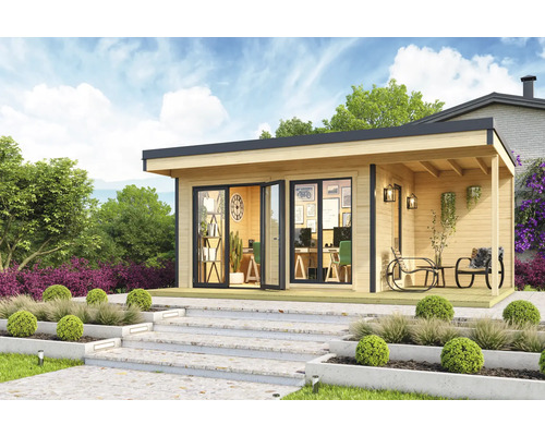 Abri de jardin Outdoor Life Domeo 7 avec sol 608,6 x 393,6 cm naturel-anthracite Maison de jardin avec terrasse et portes ouvertes dans un jardin paysager.