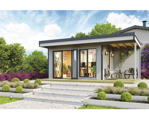 Abri de jardin Outdoor Life Domeo 7 avec sol 608,6 x 393,6 cm gris clair-anthracite Abri de jardin avec terrasse et équipement de bureau dans le jardin