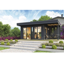 Maison de jardin moderne avec terrasse et portes doubles ouvertes, entourée d'un jardin soigné