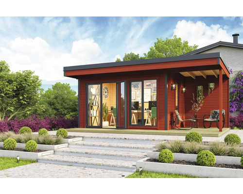 Abri de jardin Outdoor Life Domeo 7 avec sol 608,6 x 393,6 cm rouge suédois-anthracite Maison de jardin moderne avec terrasse, portes vitrées et aménagement paysager décoratif