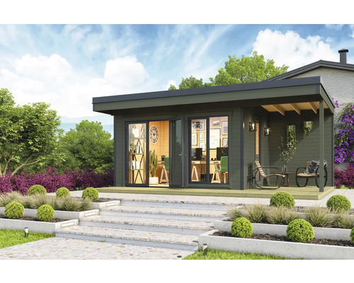 Abri de jardin Outdoor Life Domeo 7 avec sol 608,6 x 393,6 cm gris-vert anthracite Abri de jardin moderne avec bureau et terrasse couverte