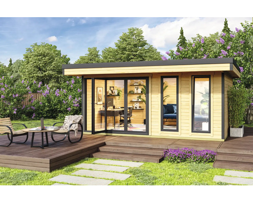 Abri de jardin Outdoor Life Domeo 8 avec sol 560 x 489,2 cm naturel-anthracite Maison de jardin moderne avec terrasse et installation de bureau dans le jardin
