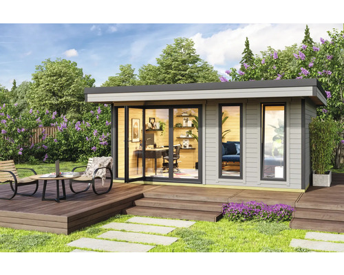 Abri de jardin Outdoor Life Domeo 8 avec sol 560 x 489,2 cm gris clair-anthracite Maison de jardin moderne avec terrasse et mobilier de bureau dans un environnement verdoyant