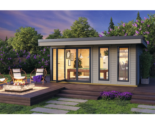 Maison de jardin moderne avec table de billard, foyer et coin salon sur la terrasse