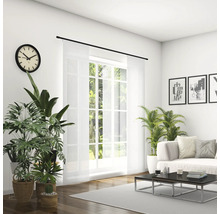 Salon lumineux avec canapé, table basse, plantes d''intérieur, horloge et rideau coulissant devant la fenêtre.