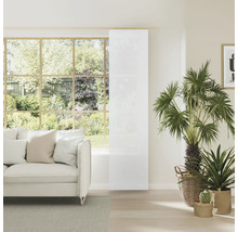 Espace de vie lumineux avec canapé, plantes d''intérieur et panneau coulissant devant la fenêtre