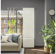 Salon avec rideau coulissant à la fenêtre, canapé et plantes d''intérieur pour une ambiance lumineuse et conviviale.