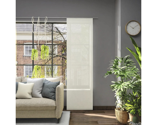 Salon avec rideau coulissant à la fenêtre, canapé et plantes d''intérieur pour une ambiance lumineuse et conviviale.