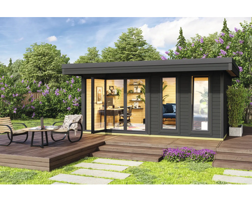 Abri de jardin Outdoor Life Domeo 8 avec sol 560 x 489,2 cm gris carbone-anthracite Scène de jardin avec une maison de jardin moderne en bois, comprenant une terrasse, des meubles de jardin et de la verdure