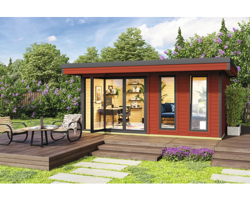 Abri de jardin Outdoor Life Domeo 8 avec sol 560 x 489,2 cm rouge suédois-anthracite Maison de jardin moderne avec terrasse, mobilier de bureau et ensemble de sièges de jardin dans un jardin bien entretenu.