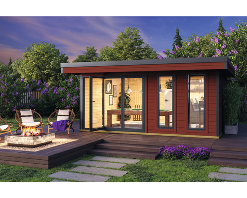 Tonnelle de jardin moderne avec foyer et table de billard à l'intérieur, entourée d'une végétation luxuriante