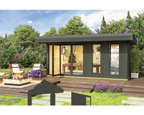Abri de jardin Outdoor Life Domeo 8 avec sol 560 x 489,2 cm gris-vert anthracite Maison de jardin avec table de billard, foyer et sièges sur une terrasse en bois