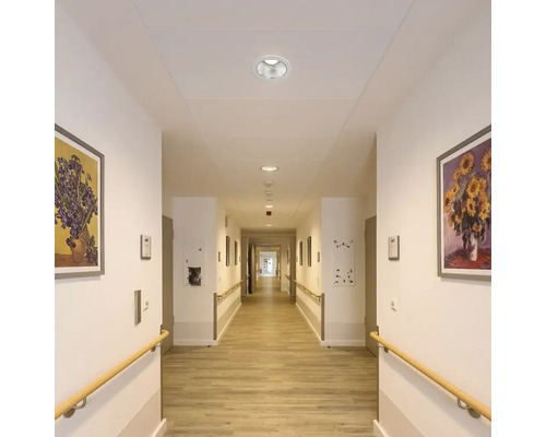 Heller Flur mit Bildern, Handlauf und Deckeneinbaustrahlern