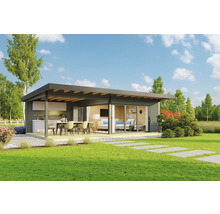 Pavillon de jardin moderne avec terrasse, cuisine extérieure et espace de vie dans un écrin de verdure