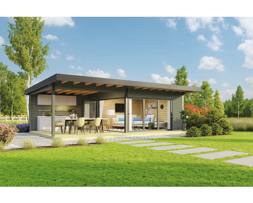 Pavillon de jardin moderne avec terrasse, cuisine extérieure et espace de vie dans un écrin de verdure