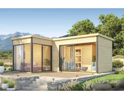 Abri de jardin Outdoor Life Domeo 11 avec plancher 619,6 x 519,6 cm nature Maison de jardin moderne avec de grandes surfaces vitrées et une terrasse à l''extérieur.