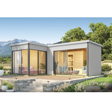 Pavillon de jardin moderne avec de grandes surfaces vitrées et un revêtement en bois à l''extérieur.