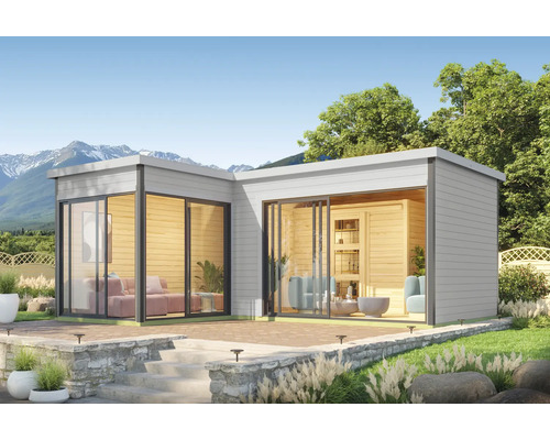 Abri de jardin Outdoor Life Domeo 11 avec plancher 619,6 x 519,6 cm gris clair Pavillon de jardin moderne avec de grandes surfaces vitrées et un revêtement en bois à l''extérieur.