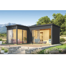 Pavillon de jardin moderne avec de grandes façades vitrées et un revêtement en bois sombre, entouré d''un paysage de jardin